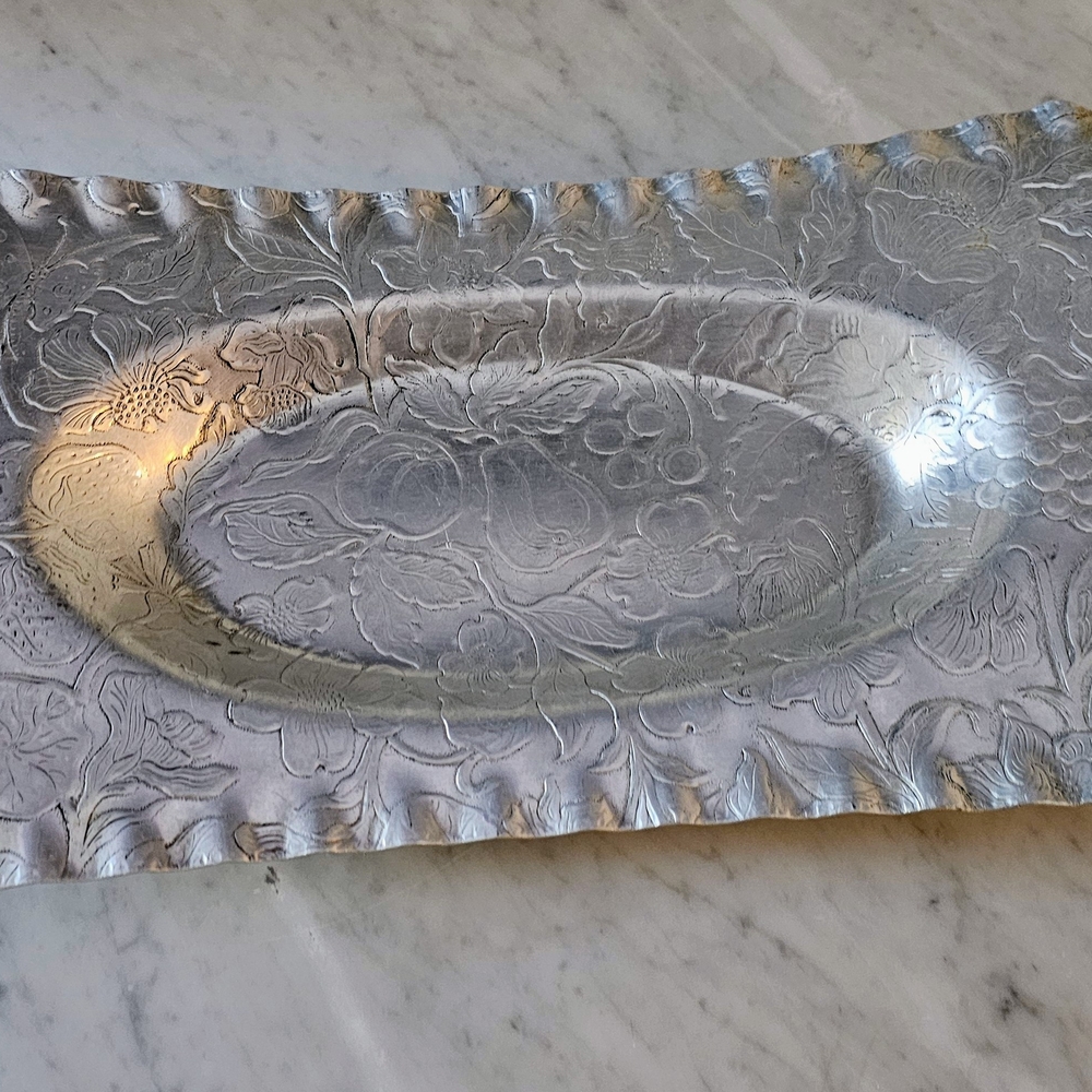 Hammered Aluminum Rectangular Serving Tray with Handles and Floral Design - Picture 3 of 8